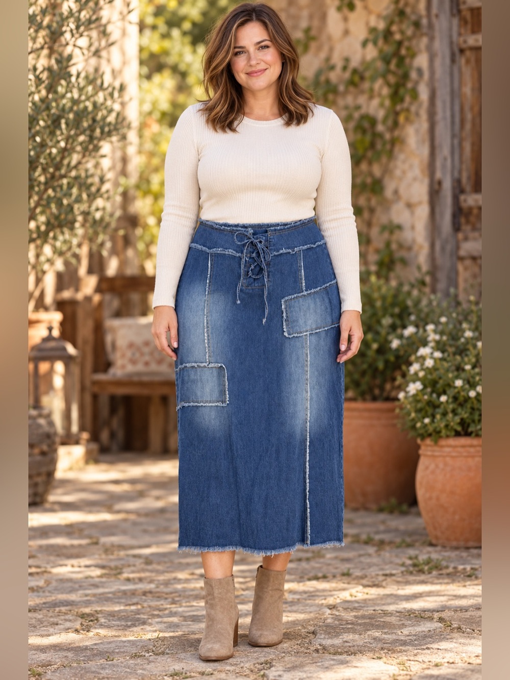 SHEIN Curve Patchwork Lace-Up Raw Hem Blue Denim Midi Maxi Skirt, Boho EUC, 2XL